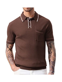 Men's Short Sleeve Knit Button Polo Shirts Casual Pullover Golf Shirt with Pockets