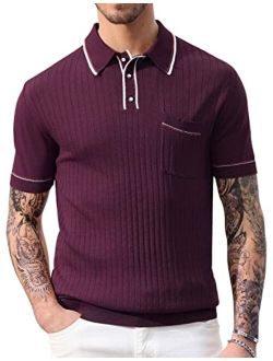 Men's Short Sleeve Knit Button Polo Shirts Casual Pullover Golf Shirt with Pockets