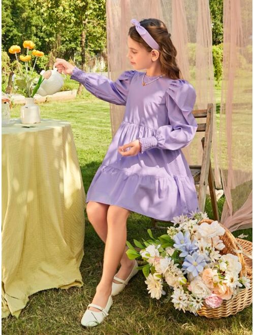 SHEIN Girls Solid Puff Sleeve Smock Dress