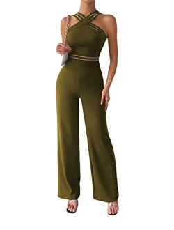 Women's Sleeveless Halter Tied Backless High Waist Belted Wide Leg Pants Elegant Jumpsuit Rompers