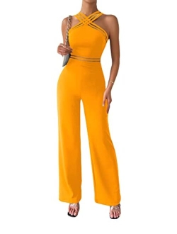 Women's Sleeveless Halter Tied Backless High Waist Belted Wide Leg Pants Elegant Jumpsuit Rompers