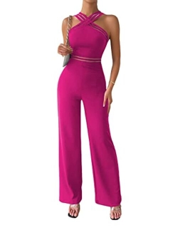 Women's Sleeveless Halter Tied Backless High Waist Belted Wide Leg Pants Elegant Jumpsuit Rompers