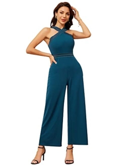 Women's Sleeveless Halter Tied Backless High Waist Belted Wide Leg Pants Elegant Jumpsuit Rompers