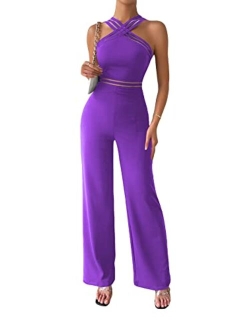 Women's Sleeveless Halter Tied Backless High Waist Belted Wide Leg Pants Elegant Jumpsuit Rompers