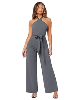 Women's Sleeveless Halter Tied Backless High Waist Belted Wide Leg Pants Elegant Jumpsuit Rompers