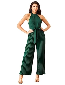 Women's Sleeveless Halter Tied Backless High Waist Belted Wide Leg Pants Elegant Jumpsuit Rompers