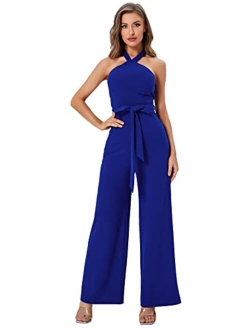 Women's Sleeveless Halter Tied Backless High Waist Belted Wide Leg Pants Elegant Jumpsuit Rompers