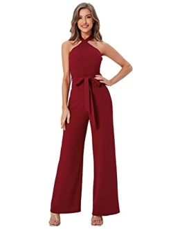 Women's Sleeveless Halter Tied Backless High Waist Belted Wide Leg Pants Elegant Jumpsuit Rompers