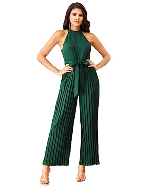 WDIRARA Women's Sleeveless Halter Tied Backless High Waist Belted Wide Leg Pants Elegant Jumpsuit Rompers