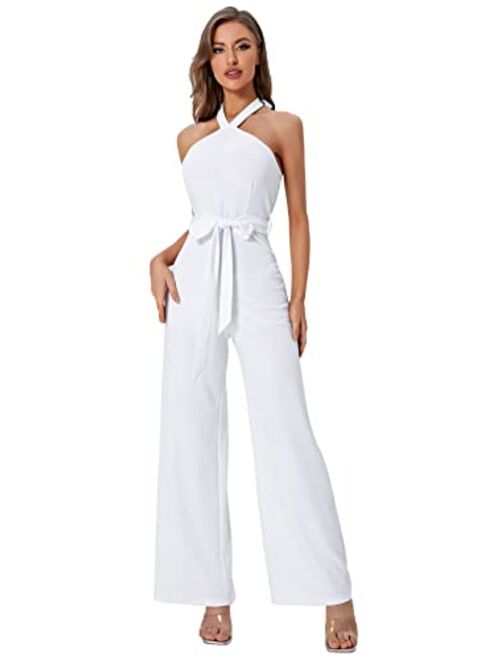 WDIRARA Women's Sleeveless Halter Tied Backless High Waist Belted Wide Leg Pants Elegant Jumpsuit Rompers