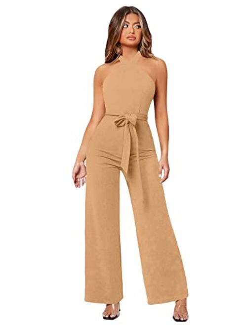 WDIRARA Women's Sleeveless Halter Tied Backless High Waist Belted Wide Leg Pants Elegant Jumpsuit Rompers