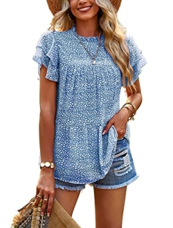 Women's Casual Summer Tops Ruffle Short Sleeve Mock Neck Fashion Floral Chiffon Blouse Shirts