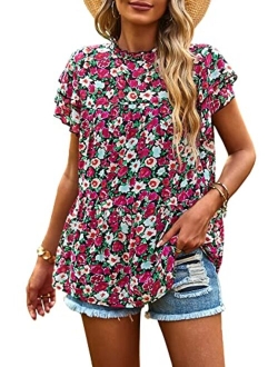 Women's Casual Summer Tops Ruffle Short Sleeve Mock Neck Fashion Floral Chiffon Blouse Shirts