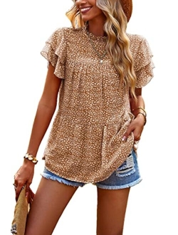 Women's Casual Summer Tops Ruffle Short Sleeve Mock Neck Fashion Floral Chiffon Blouse Shirts