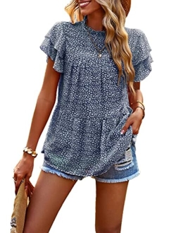 Women's Casual Summer Tops Ruffle Short Sleeve Mock Neck Fashion Floral Chiffon Blouse Shirts