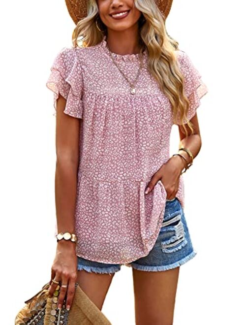 PRETTYGARDEN Women's Casual Summer Tops Ruffle Short Sleeve Mock Neck Fashion Floral Chiffon Blouse Shirts