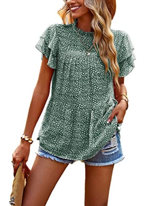 PRETTYGARDEN Women's Casual Summer Tops Ruffle Short Sleeve Mock Neck Fashion Floral Chiffon Blouse Shirts