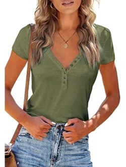 Women's Summer Casual Henley Shirts Short Sleeve V Neck Button Up Ribbed Knit Sexy Slim Fit Basic Tops