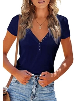 Women's Summer Casual Henley Shirts Short Sleeve V Neck Button Up Ribbed Knit Sexy Slim Fit Basic Tops