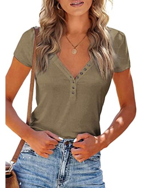 PRETTYGARDEN Women's Summer Casual Henley Shirts Short Sleeve V Neck Button Up Ribbed Knit Sexy Slim Fit Basic Tops