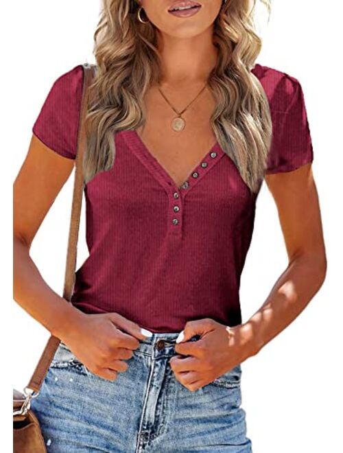 PRETTYGARDEN Women's Summer Casual Henley Shirts Short Sleeve V Neck Button Up Ribbed Knit Sexy Slim Fit Basic Tops