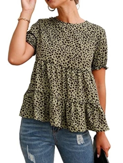 Women's Leopard Blouse Short Puff Sleeve Crewneck Babydoll Shirts Peplum Tunic Tops