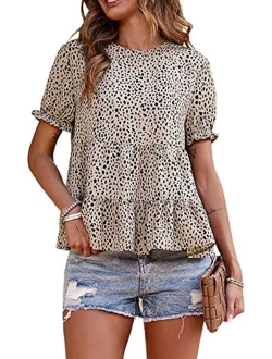 Women's Leopard Blouse Short Puff Sleeve Crewneck Babydoll Shirts Peplum Tunic Tops