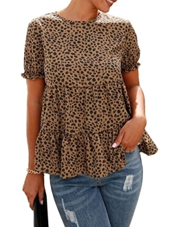 Women's Leopard Blouse Short Puff Sleeve Crewneck Babydoll Shirts Peplum Tunic Tops