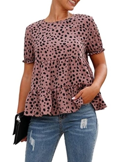 Women's Leopard Blouse Short Puff Sleeve Crewneck Babydoll Shirts Peplum Tunic Tops