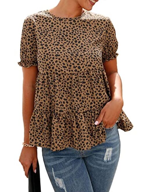 PRETTYGARDEN Women's Leopard Blouse Short Puff Sleeve Crewneck Babydoll Shirts Peplum Tunic Tops