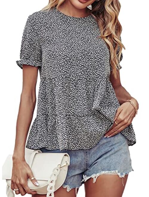 PRETTYGARDEN Women's Leopard Blouse Short Puff Sleeve Crewneck Babydoll Shirts Peplum Tunic Tops