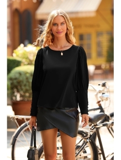 Women's 2023 Fashion Satin Tops Long Puff Sleeve Crewneck Casual Loose Fit Blouse Shirt