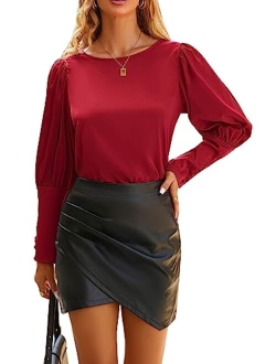 Women's 2023 Fashion Satin Tops Long Puff Sleeve Crewneck Casual Loose Fit Blouse Shirt