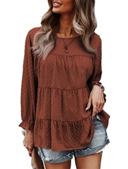 Women's Summer Loose Chiffon Blouse Mesh Long Sleeve Casual Round Neck Peplum Tops