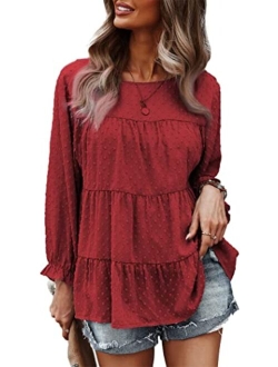 Women's Summer Loose Chiffon Blouse Mesh Long Sleeve Casual Round Neck Peplum Tops