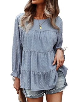 Women's Summer Loose Chiffon Blouse Mesh Long Sleeve Casual Round Neck Peplum Tops