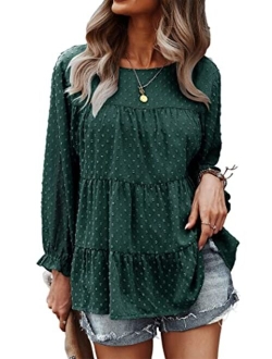 Women's Summer Loose Chiffon Blouse Mesh Long Sleeve Casual Round Neck Peplum Tops