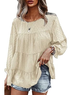 Women's Summer Loose Chiffon Blouse Mesh Long Sleeve Casual Round Neck Peplum Tops