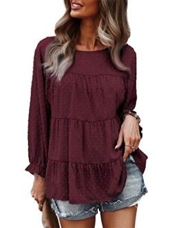 Women's Summer Loose Chiffon Blouse Mesh Long Sleeve Casual Round Neck Peplum Tops