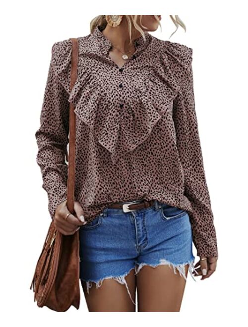 PRETTYGARDEN Women's Summer Loose Chiffon Blouse Mesh Long Sleeve Casual Round Neck Peplum Tops