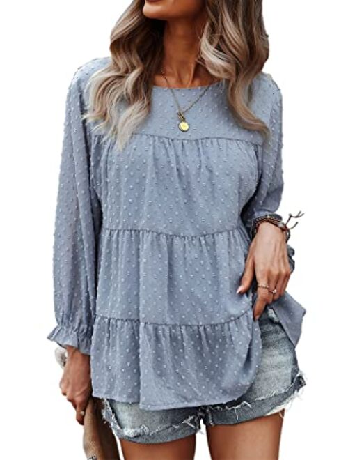 PRETTYGARDEN Women's Summer Loose Chiffon Blouse Mesh Long Sleeve Casual Round Neck Peplum Tops