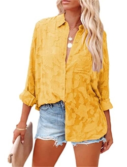 Women's Chiffon Blouse Solid Color Long Sleeve Button Down Elegant Jacquard Shirts Tops