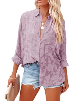 Women's Chiffon Blouse Solid Color Long Sleeve Button Down Elegant Jacquard Shirts Tops