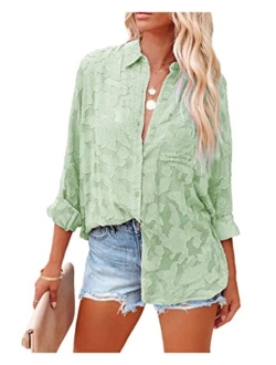 Women's Chiffon Blouse Solid Color Long Sleeve Button Down Elegant Jacquard Shirts Tops