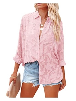 Women's Chiffon Blouse Solid Color Long Sleeve Button Down Elegant Jacquard Shirts Tops