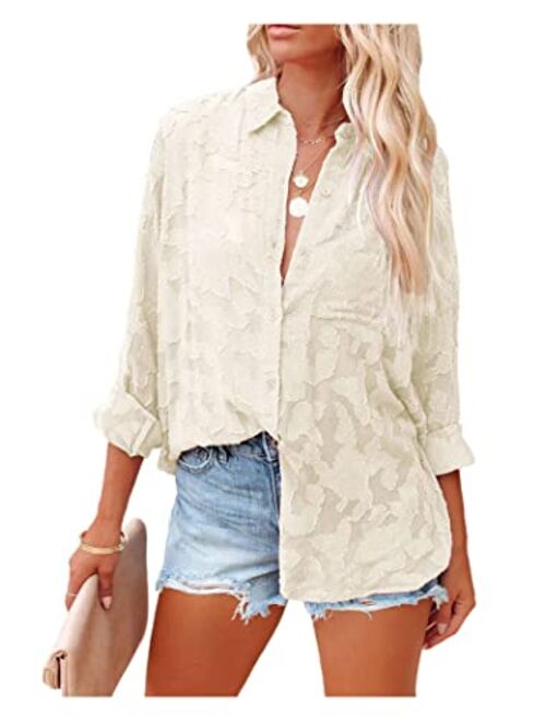 PRETTYGARDEN Women's Chiffon Blouse Solid Color Long Sleeve Button Down Elegant Jacquard Shirts Tops