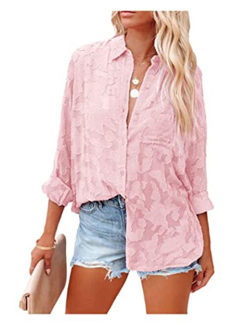 PRETTYGARDEN Women's Chiffon Blouse Solid Color Long Sleeve Button Down Elegant Jacquard Shirts Tops