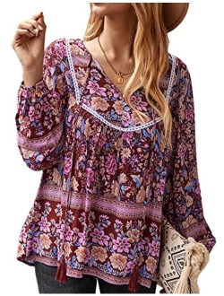 Women's Floral Ruffled Tunic Blouse Tie V Neck Casual Long Sleeve Babydoll Peplum Tops