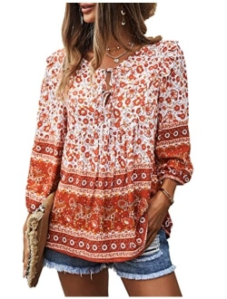 Women's Floral Ruffled Tunic Blouse Tie V Neck Casual Long Sleeve Babydoll Peplum Tops