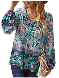 Women's Floral Ruffled Tunic Blouse Tie V Neck Casual Long Sleeve Babydoll Peplum Tops